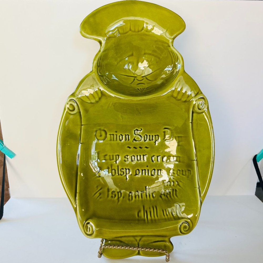 California Pottery Onion Soup Chip Dip Recipe Avocado green Tray Glaze MCM